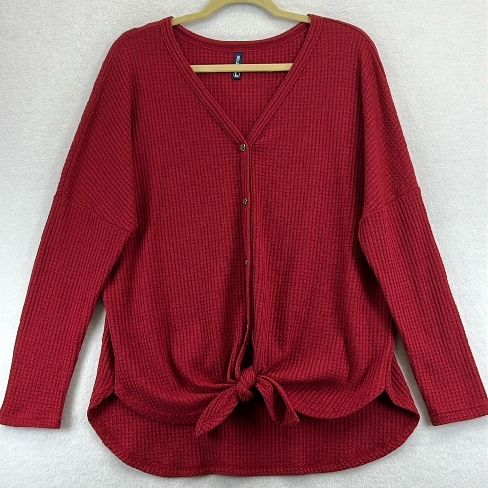 IWOLLENCE Women’s Waffle Knit Top Loose Long Sleeve Button Up Tie Top, Brick Red